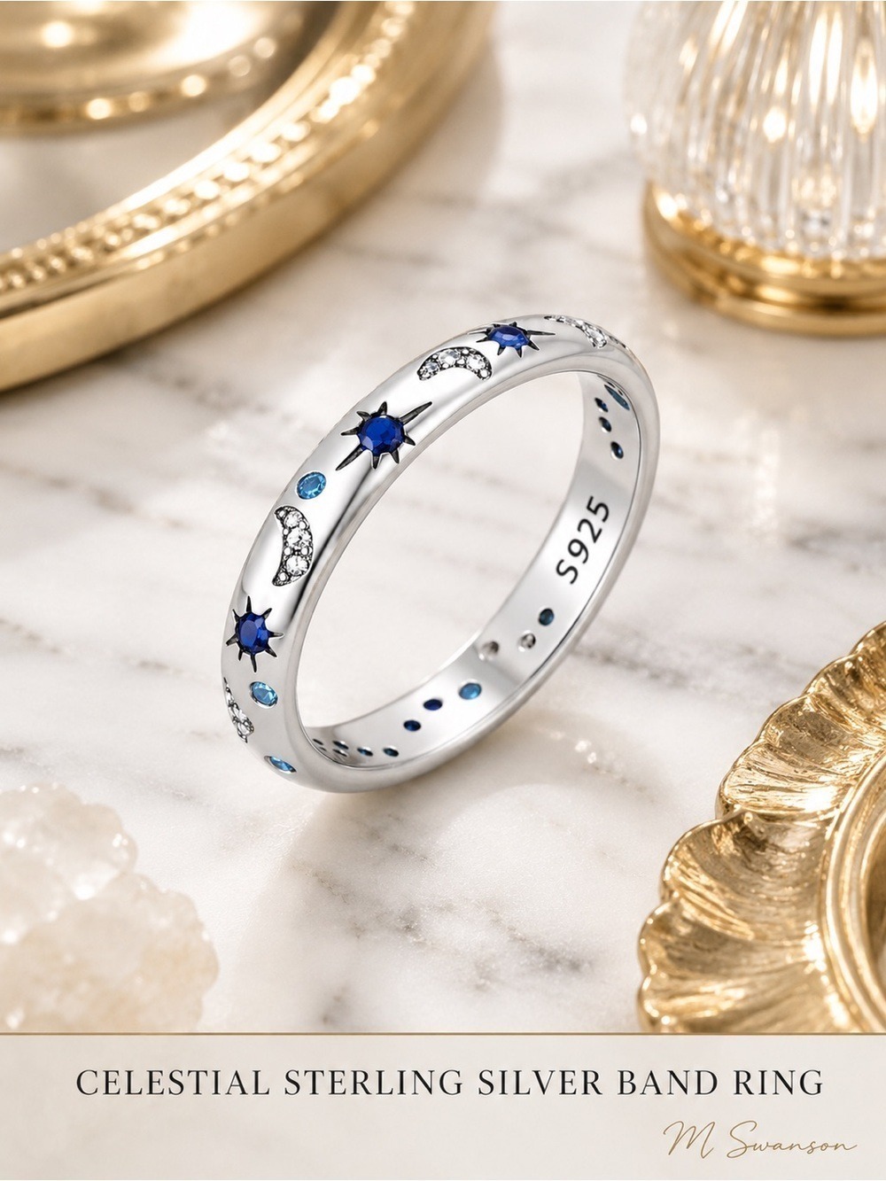 NEW Celestial Sterling Silver Moon & Star Zircon Band Ring S925 Sizes 6, 7, 9